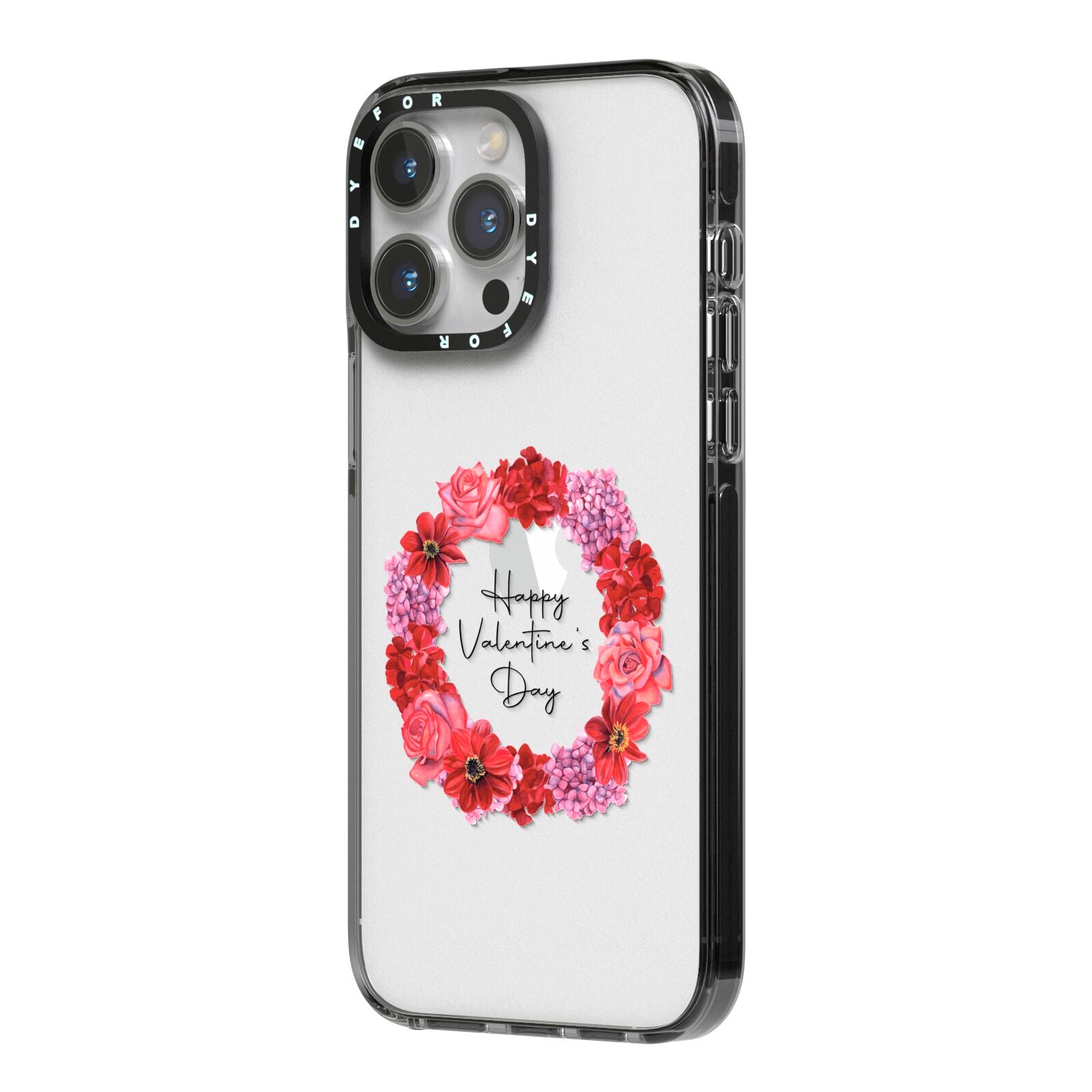 Valentine Wreath iPhone 14 Pro Max Black Impact Case Side Angle on Silver phone