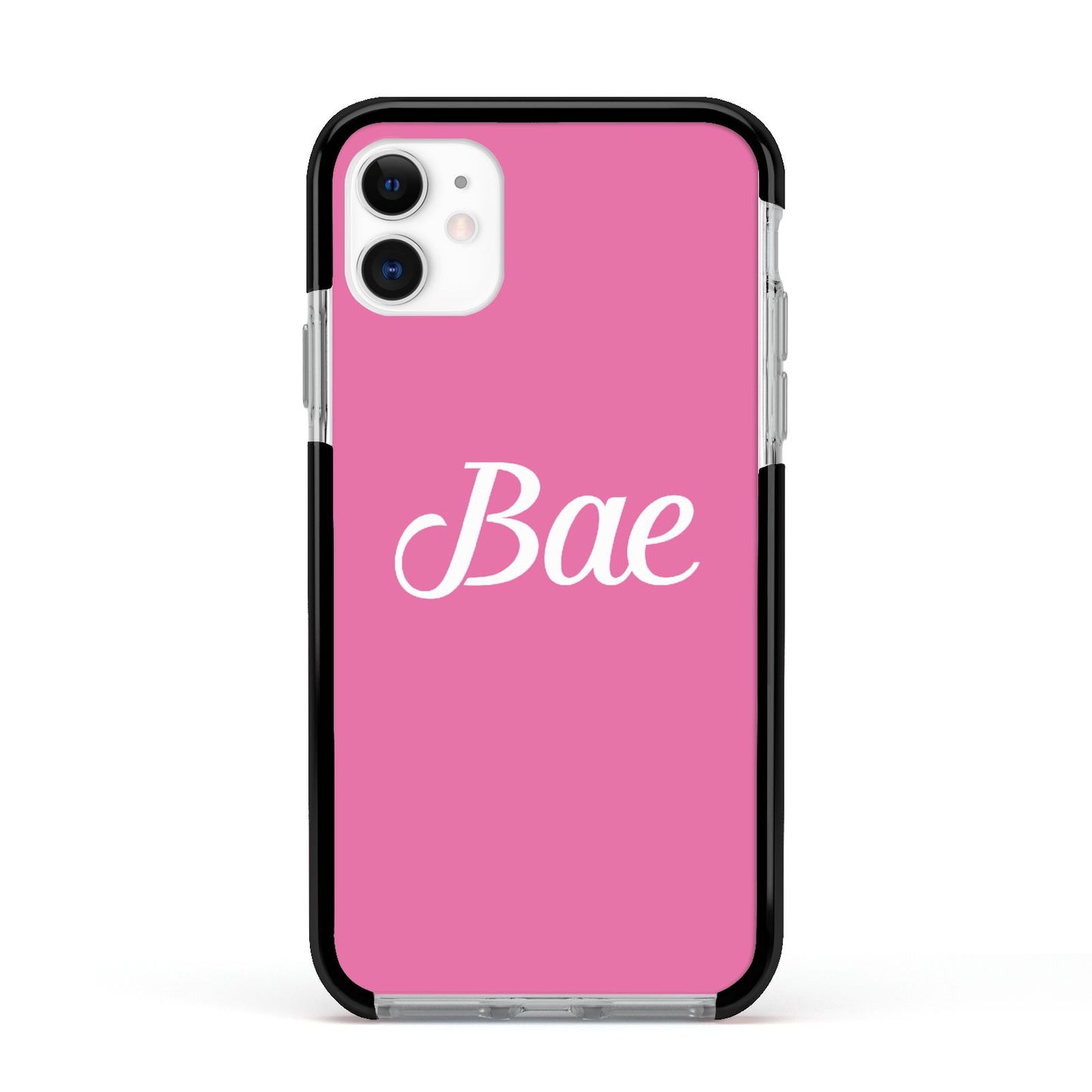 Valentines Bae Text Pink Apple iPhone 11 in White with Black Impact Case