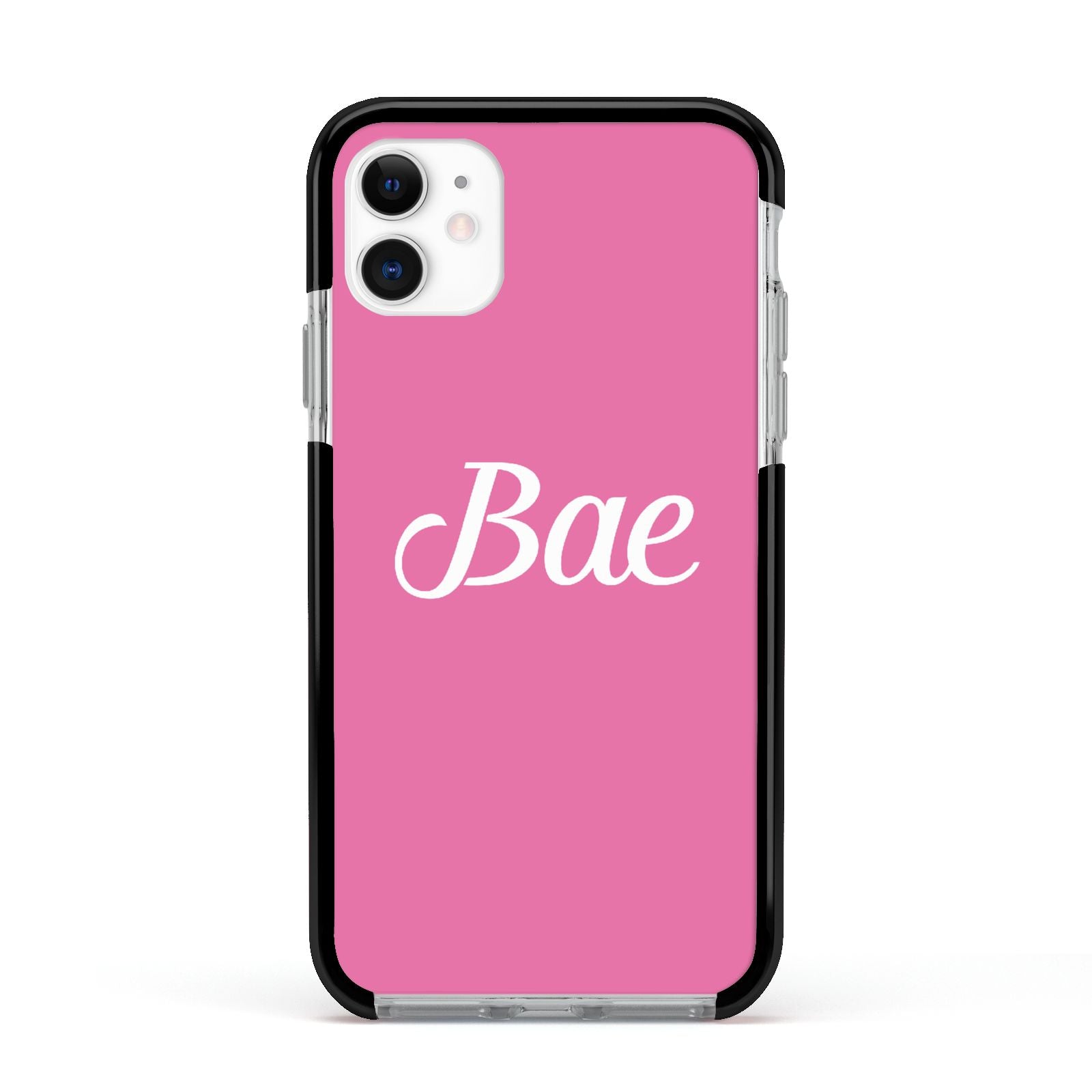 Valentines Bae Text Pink Apple iPhone 11 in White with Black Impact Case
