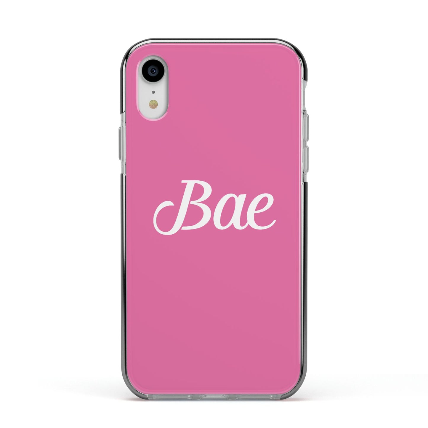 Valentines Bae Text Pink Apple iPhone XR Impact Case Black Edge on Silver Phone