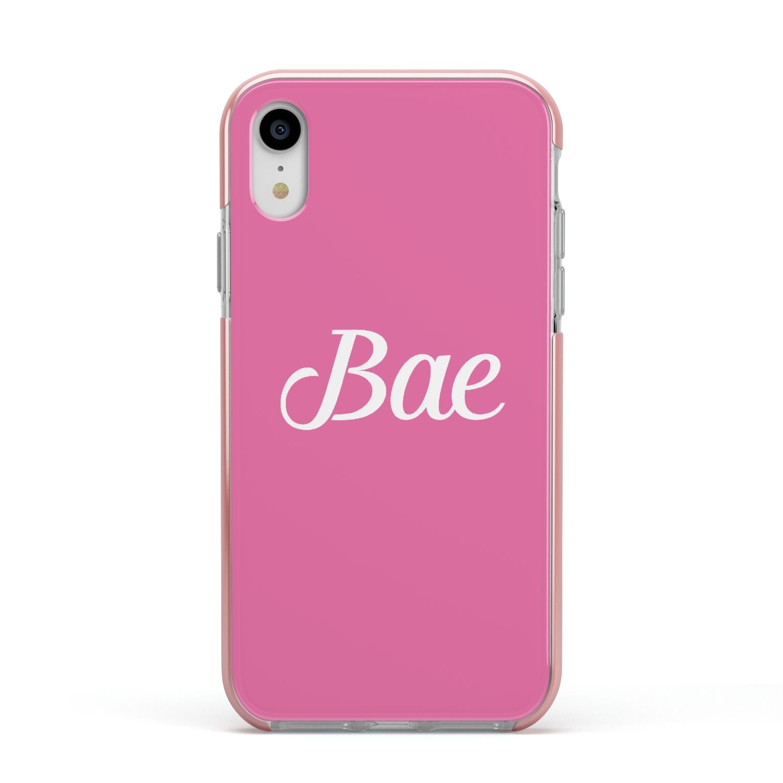 Valentines Bae Text Pink Apple iPhone XR Impact Case Pink Edge on Silver Phone