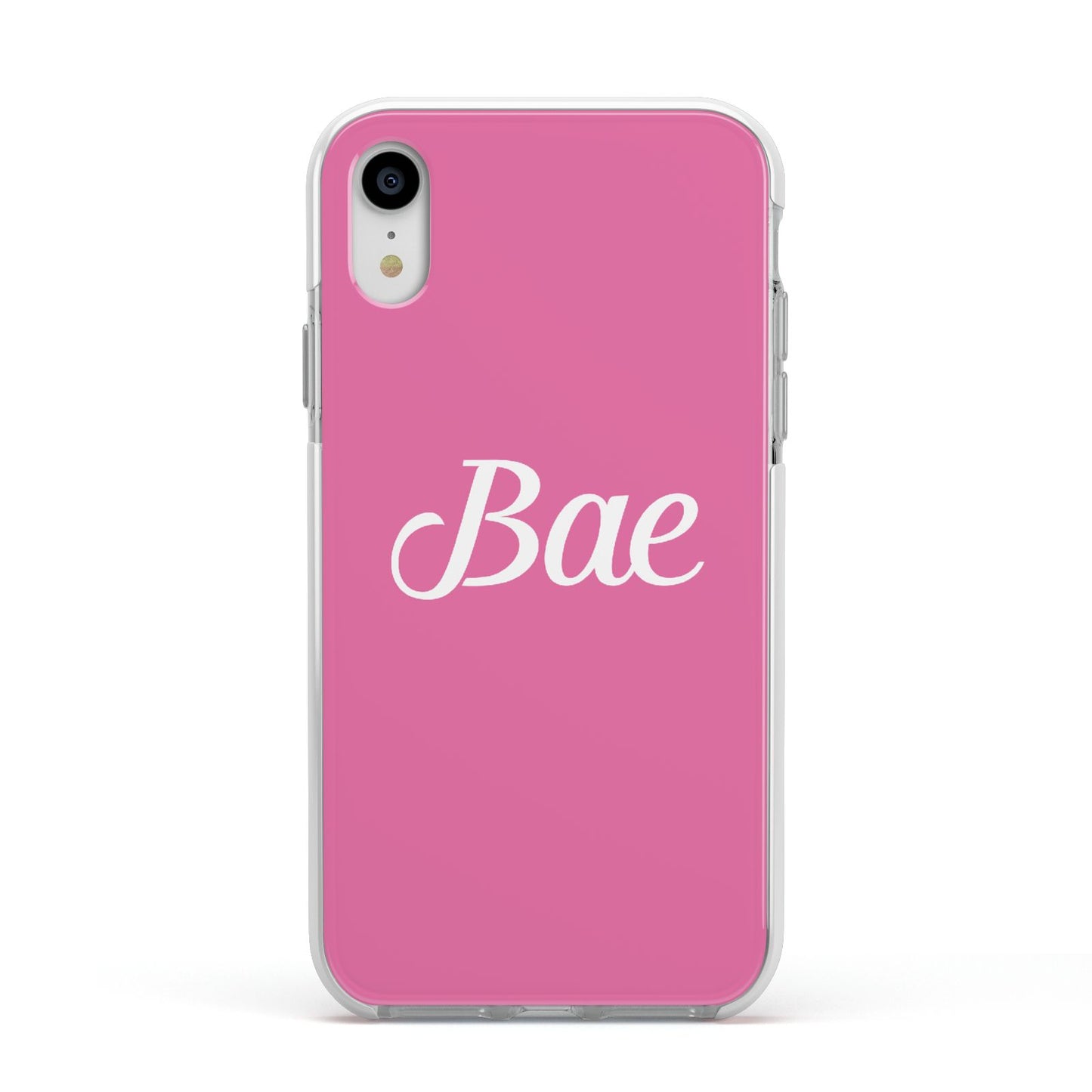 Valentines Bae Text Pink Apple iPhone XR Impact Case White Edge on Silver Phone