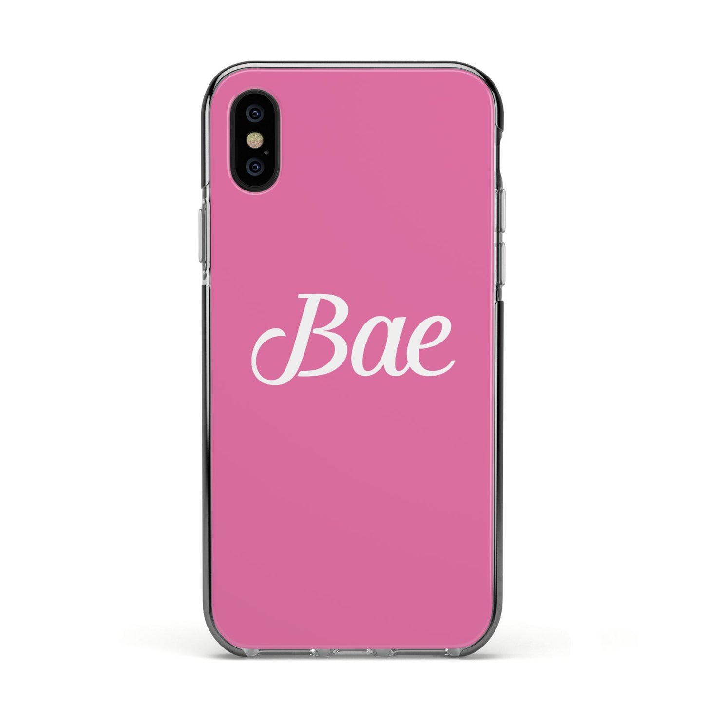 Valentines Bae Text Pink Apple iPhone Xs Impact Case Black Edge on Black Phone