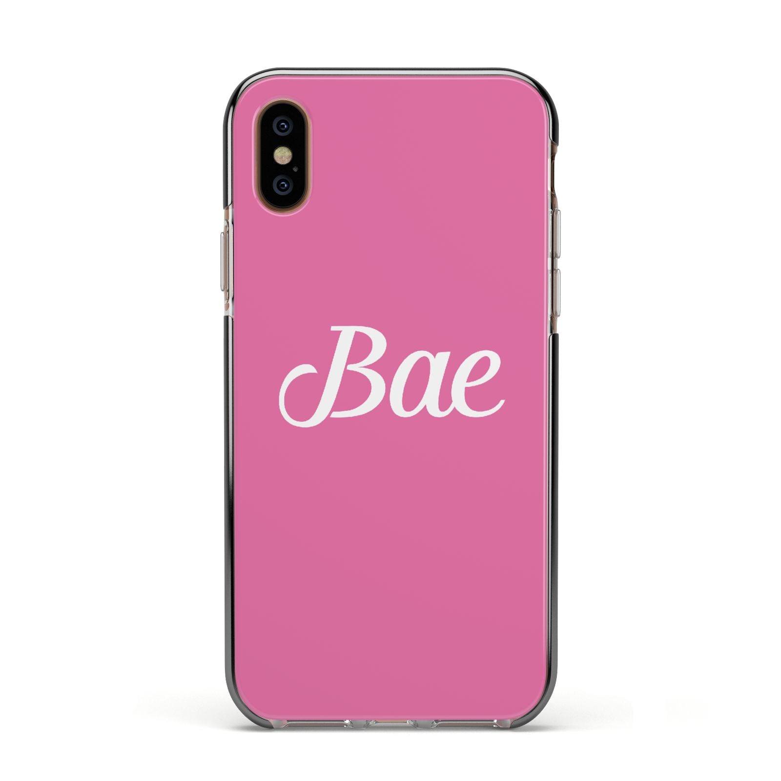 Valentines Bae Text Pink Apple iPhone Xs Impact Case Black Edge on Gold Phone
