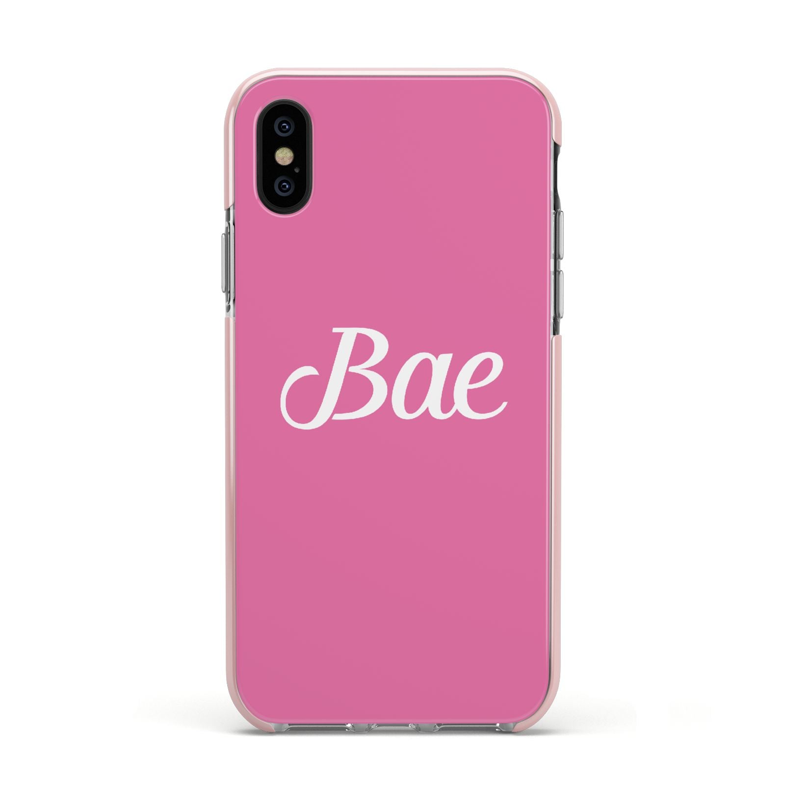 Valentines Bae Text Pink Apple iPhone Xs Impact Case Pink Edge on Black Phone
