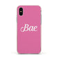Valentines Bae Text Pink Apple iPhone Xs Impact Case Pink Edge on Silver Phone