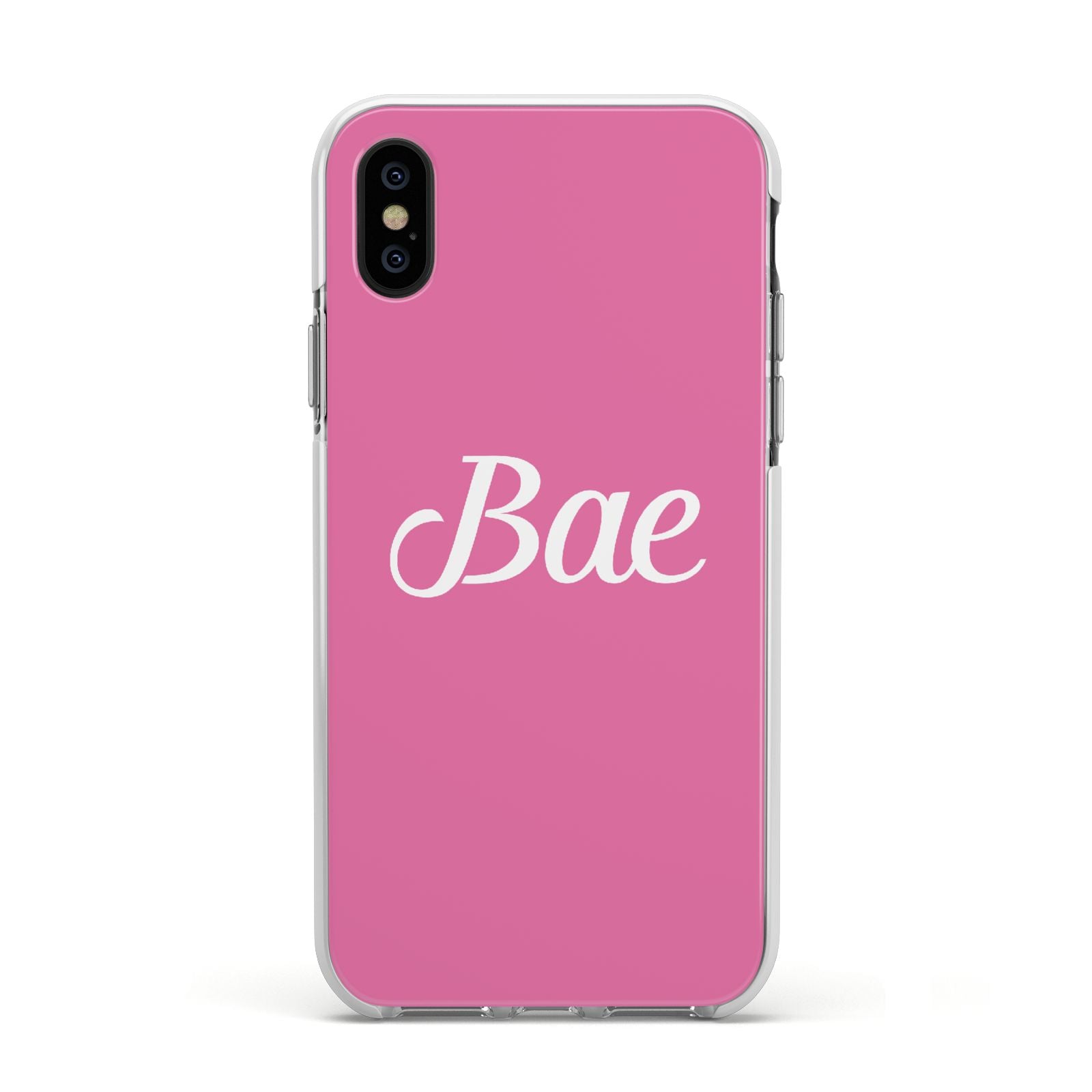 Valentines Bae Text Pink Apple iPhone Xs Impact Case White Edge on Black Phone