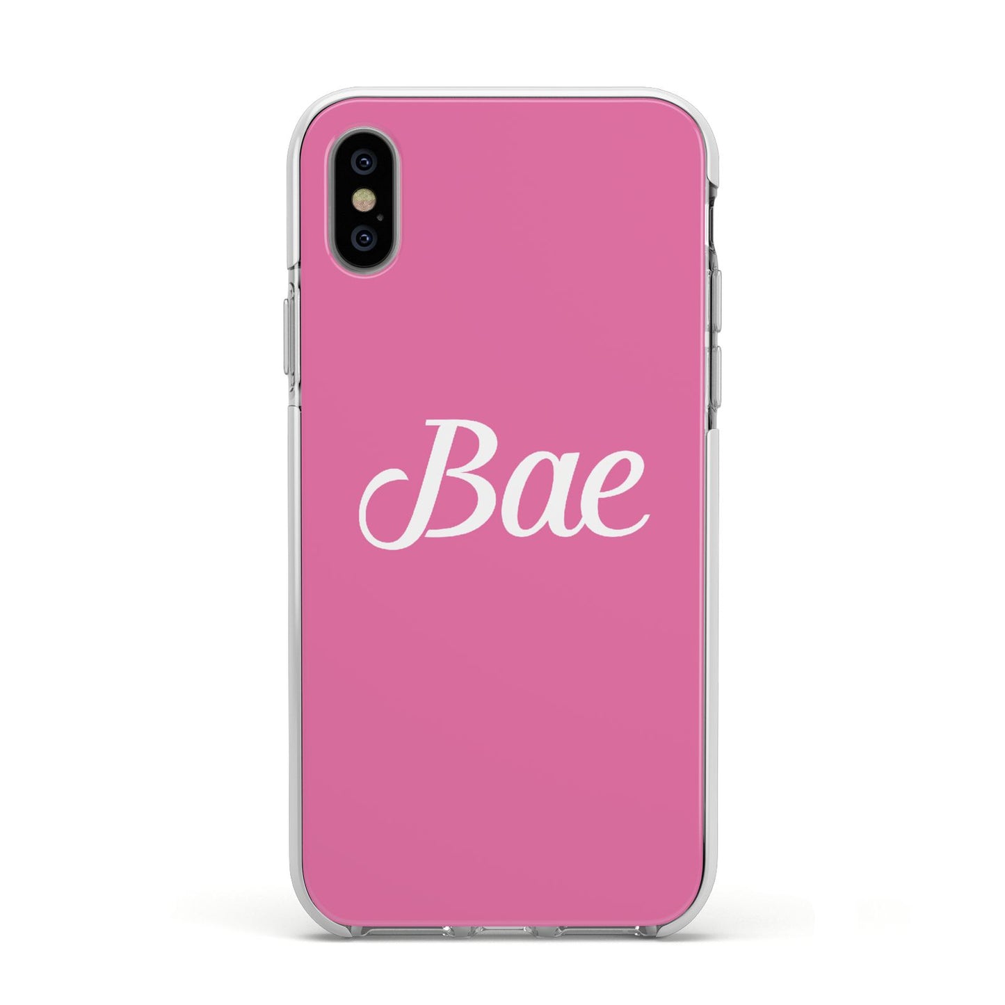 Valentines Bae Text Pink Apple iPhone Xs Impact Case White Edge on Silver Phone