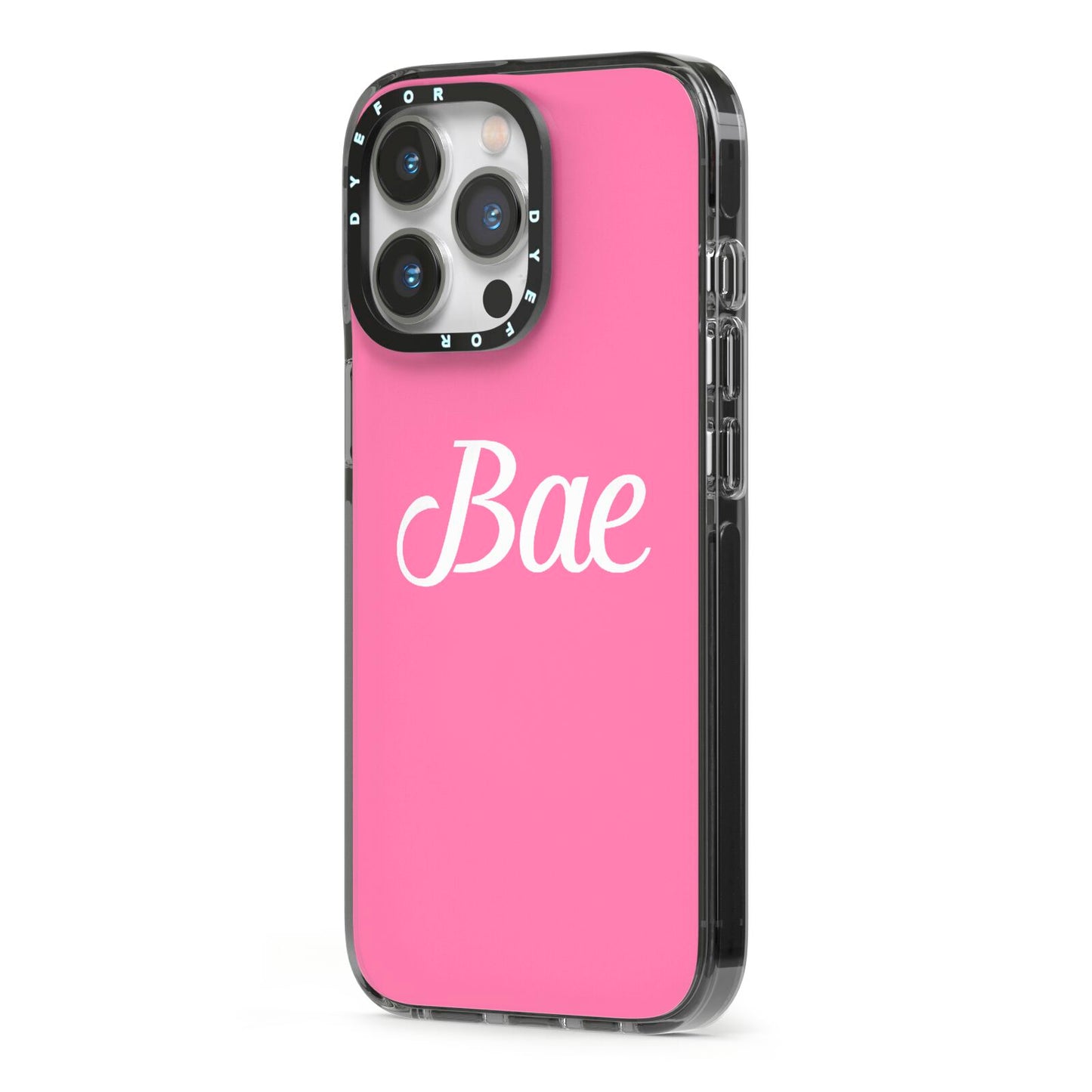 Valentines Bae Text Pink iPhone 13 Pro Black Impact Case Side Angle on Silver phone