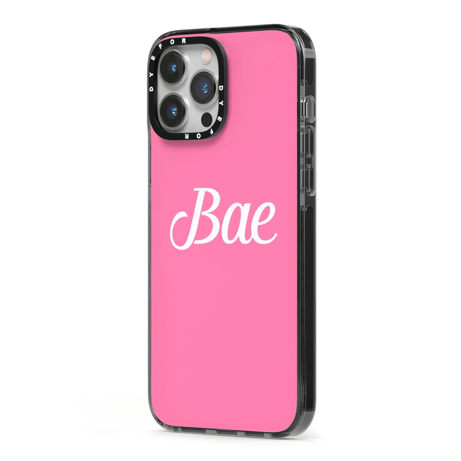 Valentines Bae Text Pink iPhone 13 Pro Max Black Impact Case Side Angle on Silver phone