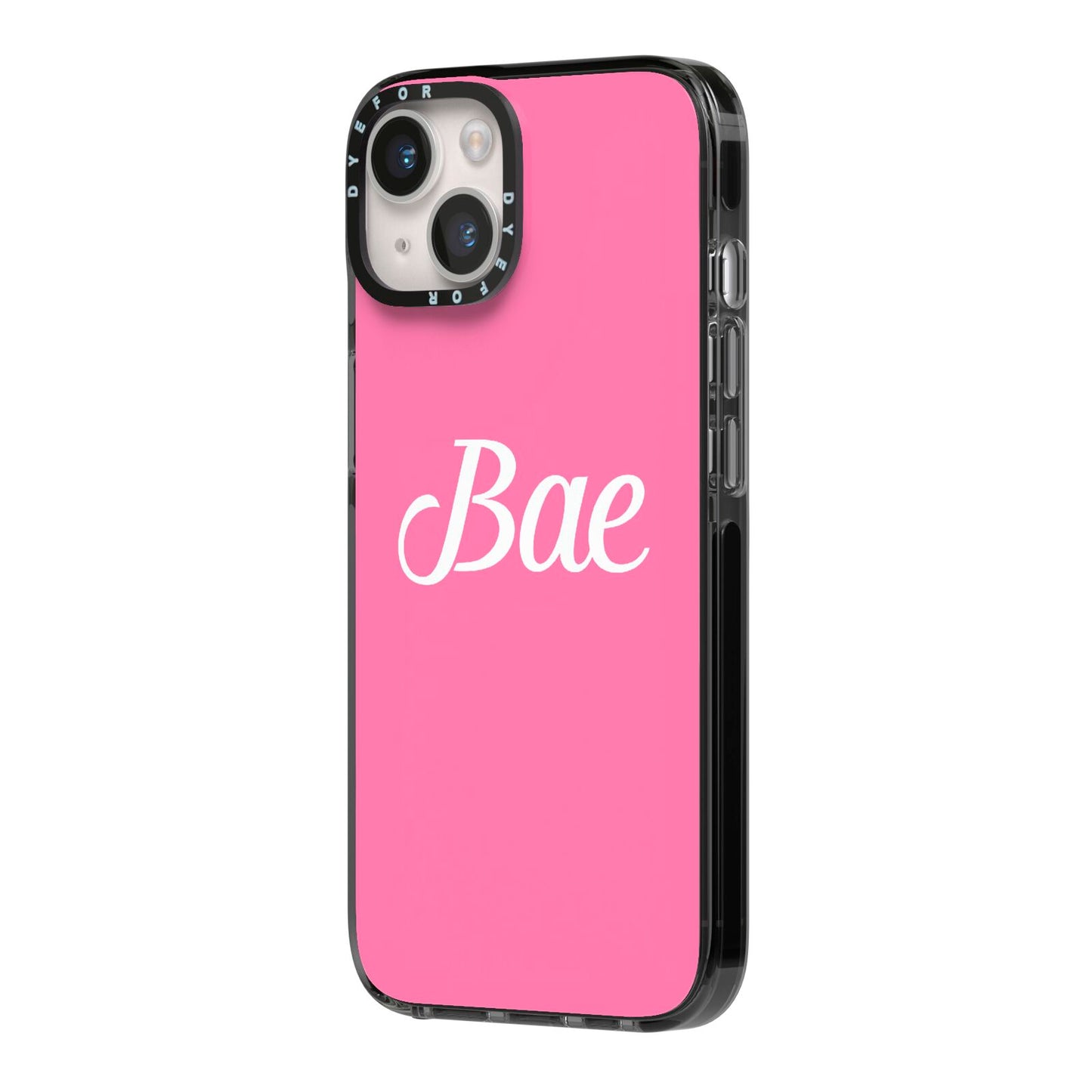 Valentines Bae Text Pink iPhone 14 Black Impact Case Side Angle on Silver phone