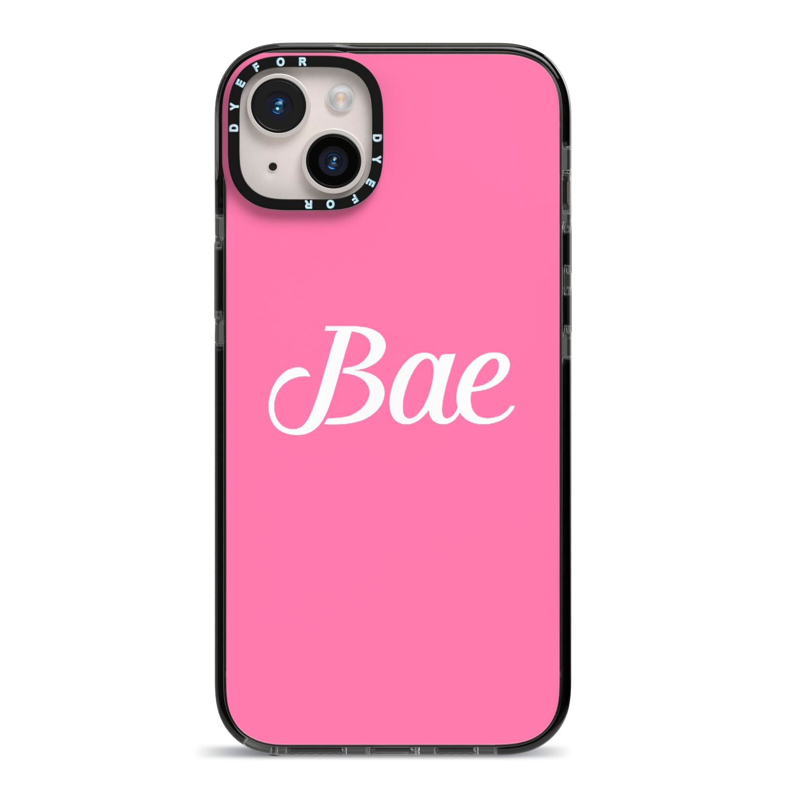 Valentines Bae Text Pink iPhone 14 Plus Black Impact Case on Silver phone