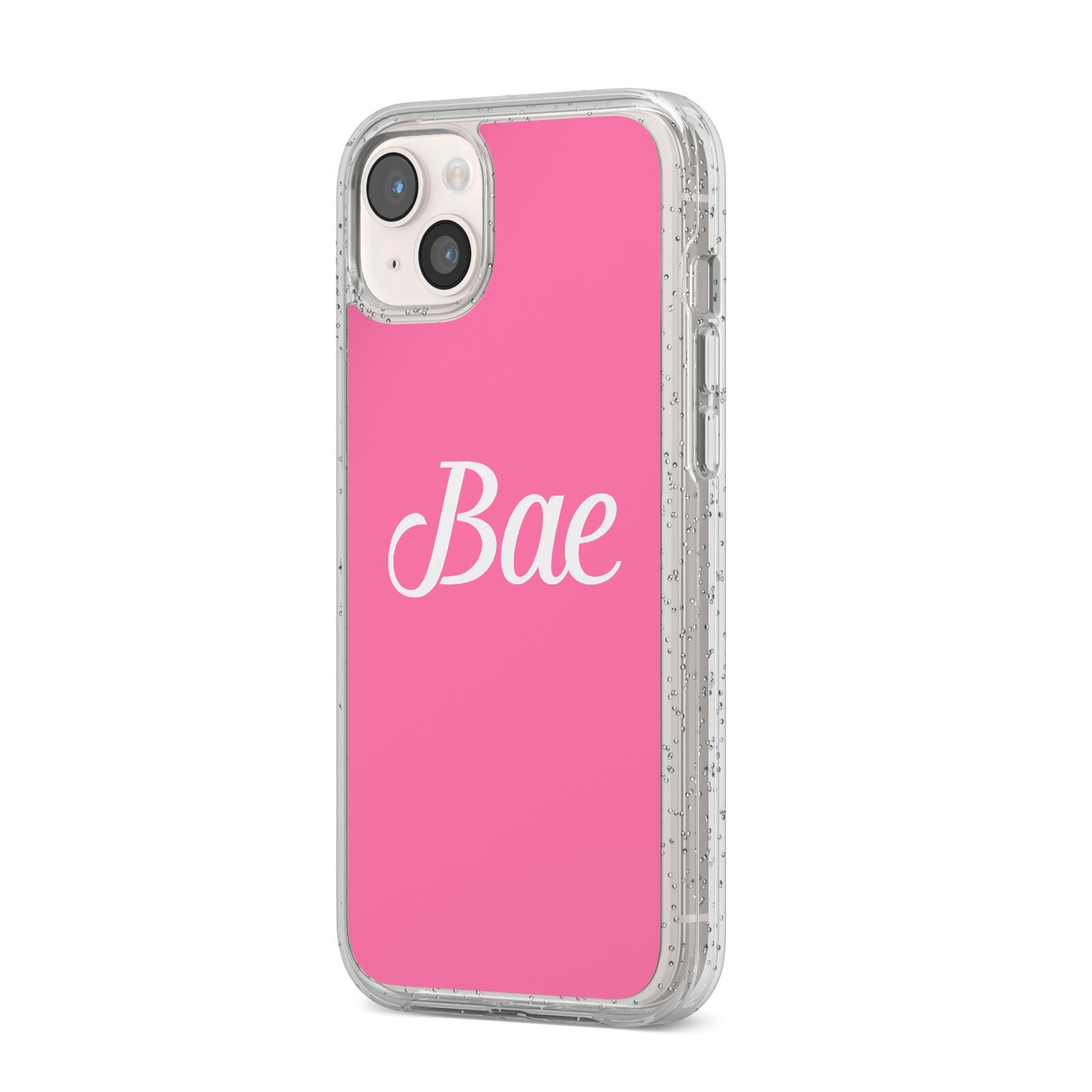 Valentines Bae Text Pink iPhone 14 Plus Glitter Tough Case Starlight Angled Image