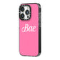 Valentines Bae Text Pink iPhone 14 Pro Black Impact Case Side Angle on Silver phone