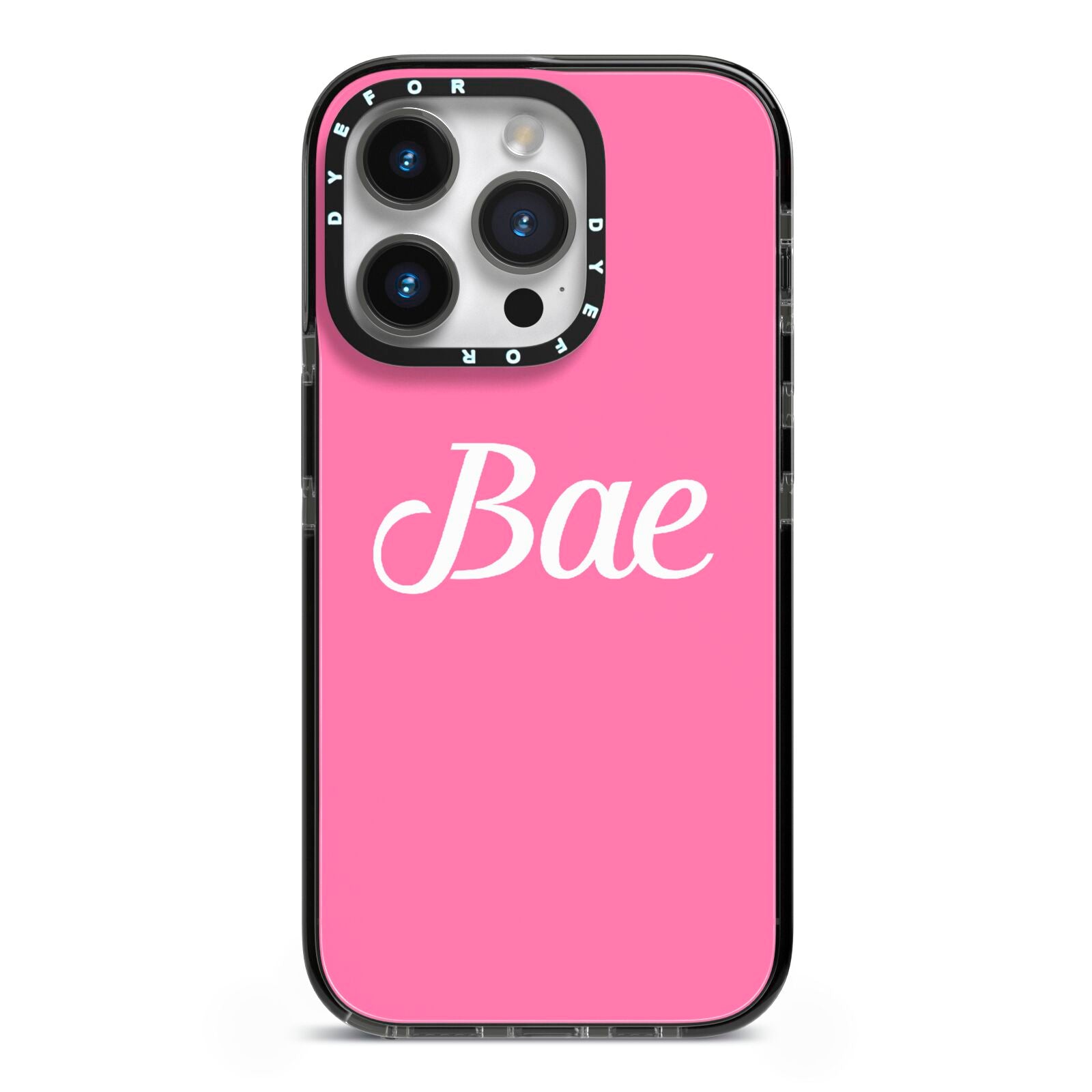 Valentines Bae Text Pink iPhone 14 Pro Black Impact Case on Silver phone