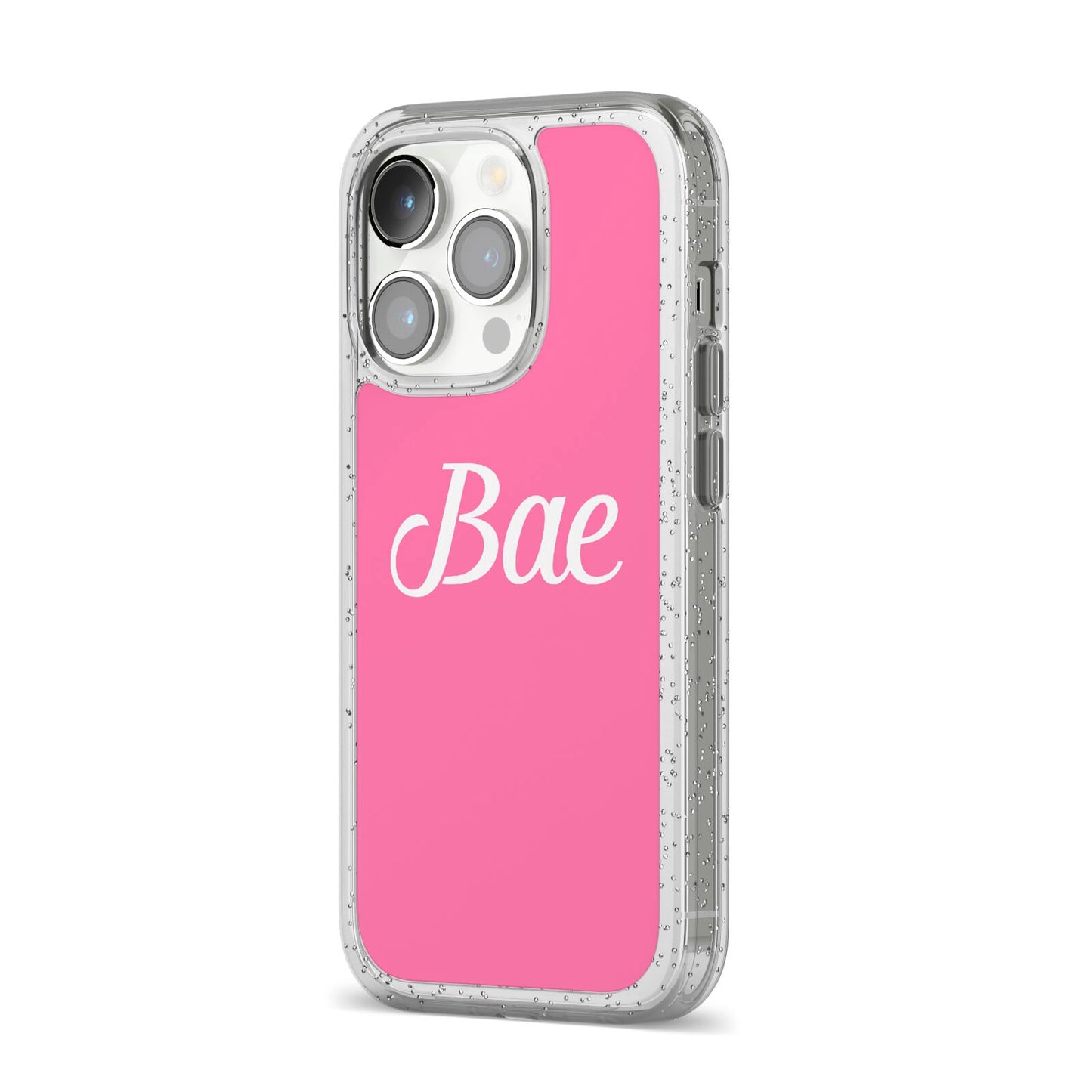 Valentines Bae Text Pink iPhone 14 Pro Glitter Tough Case Silver Angled Image