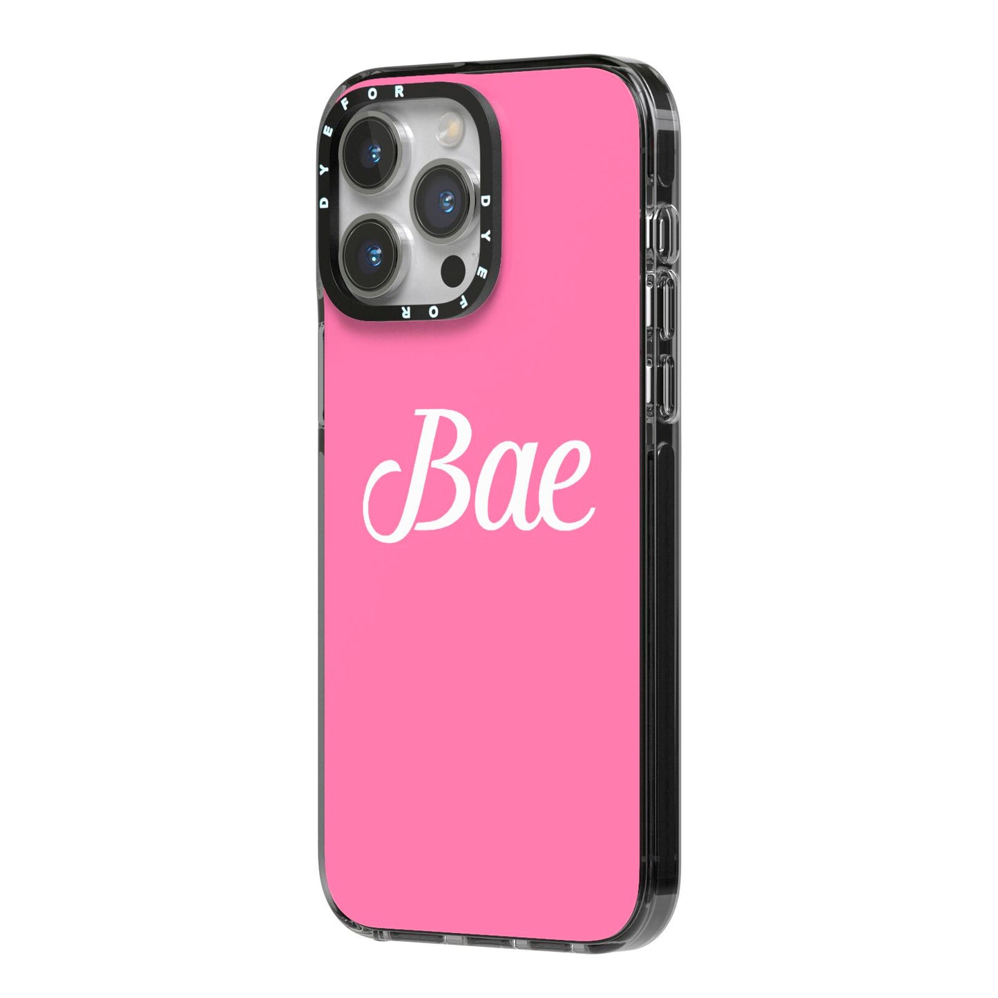 Valentines Bae Text Pink iPhone 14 Pro Max Black Impact Case Side Angle on Silver phone
