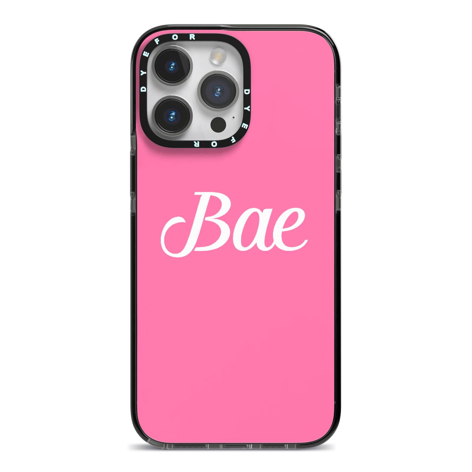 Valentines Bae Text Pink iPhone 14 Pro Max Black Impact Case on Silver phone