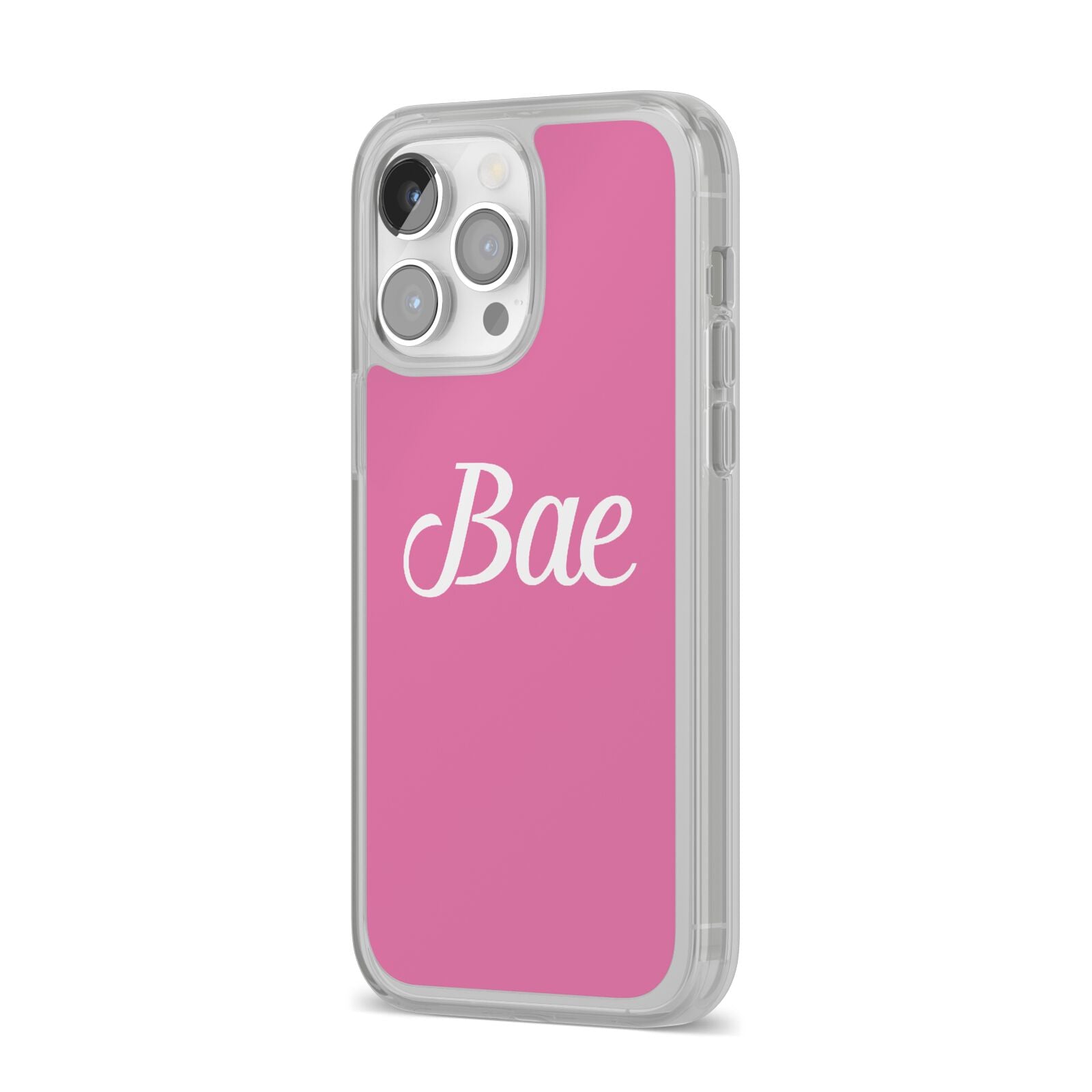 Valentines Bae Text Pink iPhone 14 Pro Max Clear Tough Case Silver Angled Image