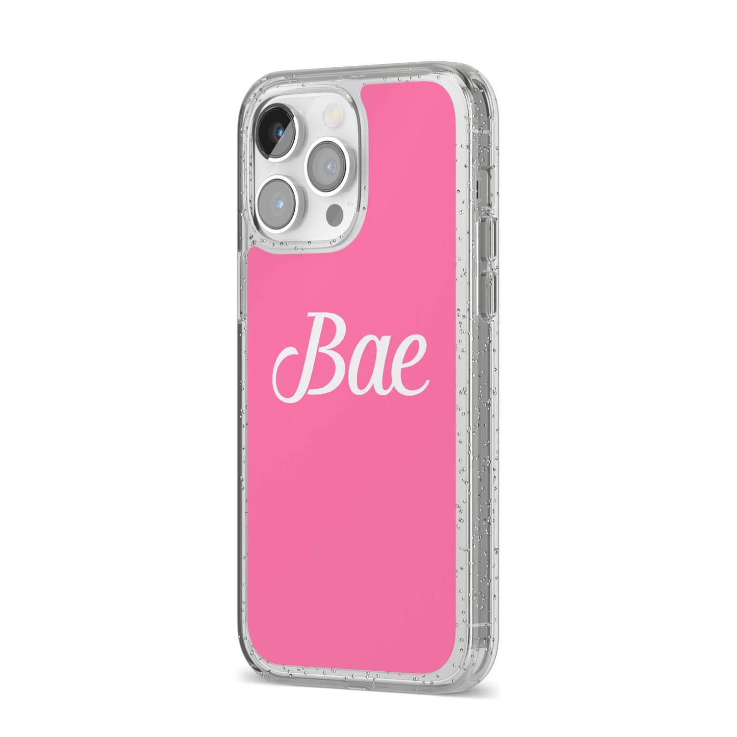 Valentines Bae Text Pink iPhone 14 Pro Max Glitter Tough Case Silver Angled Image