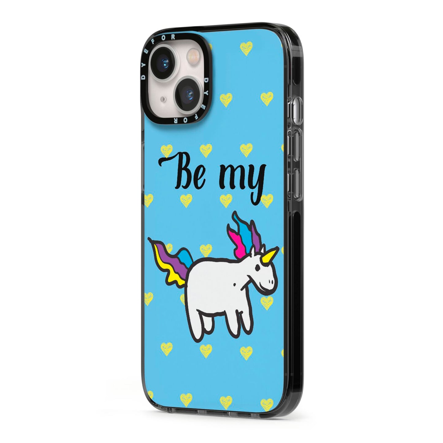 Valentines Be My Unicorn iPhone 13 Black Impact Case Side Angle on Silver phone