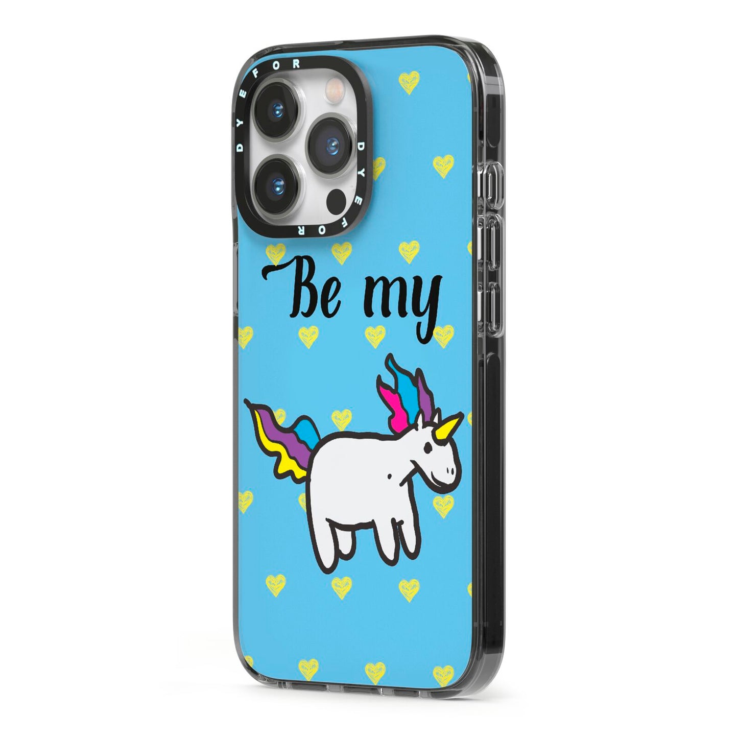 Valentines Be My Unicorn iPhone 13 Pro Black Impact Case Side Angle on Silver phone