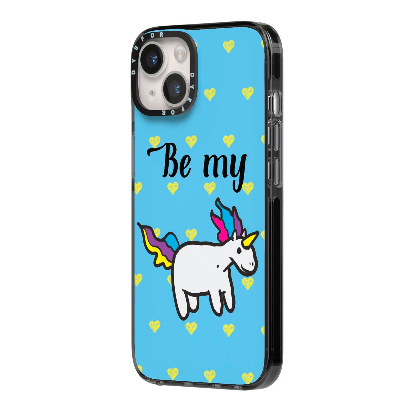 Valentines Be My Unicorn iPhone 14 Black Impact Case Side Angle on Silver phone