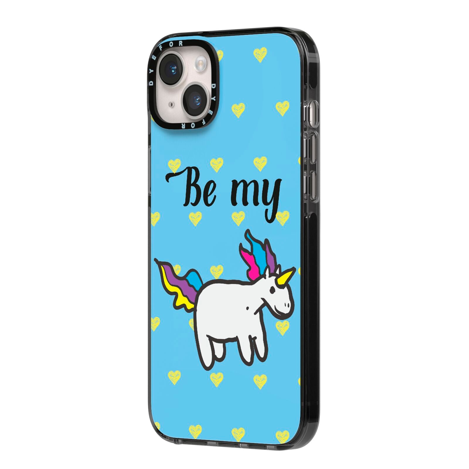 Valentines Be My Unicorn iPhone 14 Plus Black Impact Case Side Angle on Silver phone