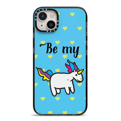 Valentines Be My Unicorn iPhone 14 Plus Black Impact Case on Silver phone