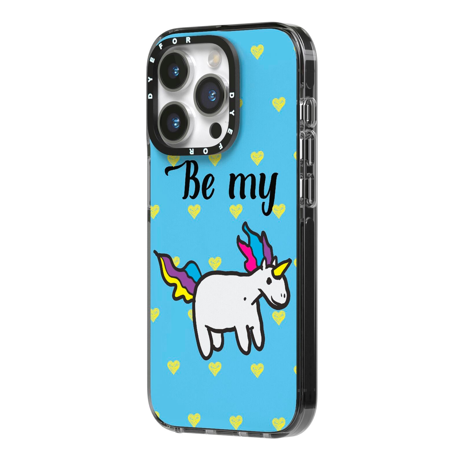 Valentines Be My Unicorn iPhone 14 Pro Black Impact Case Side Angle on Silver phone