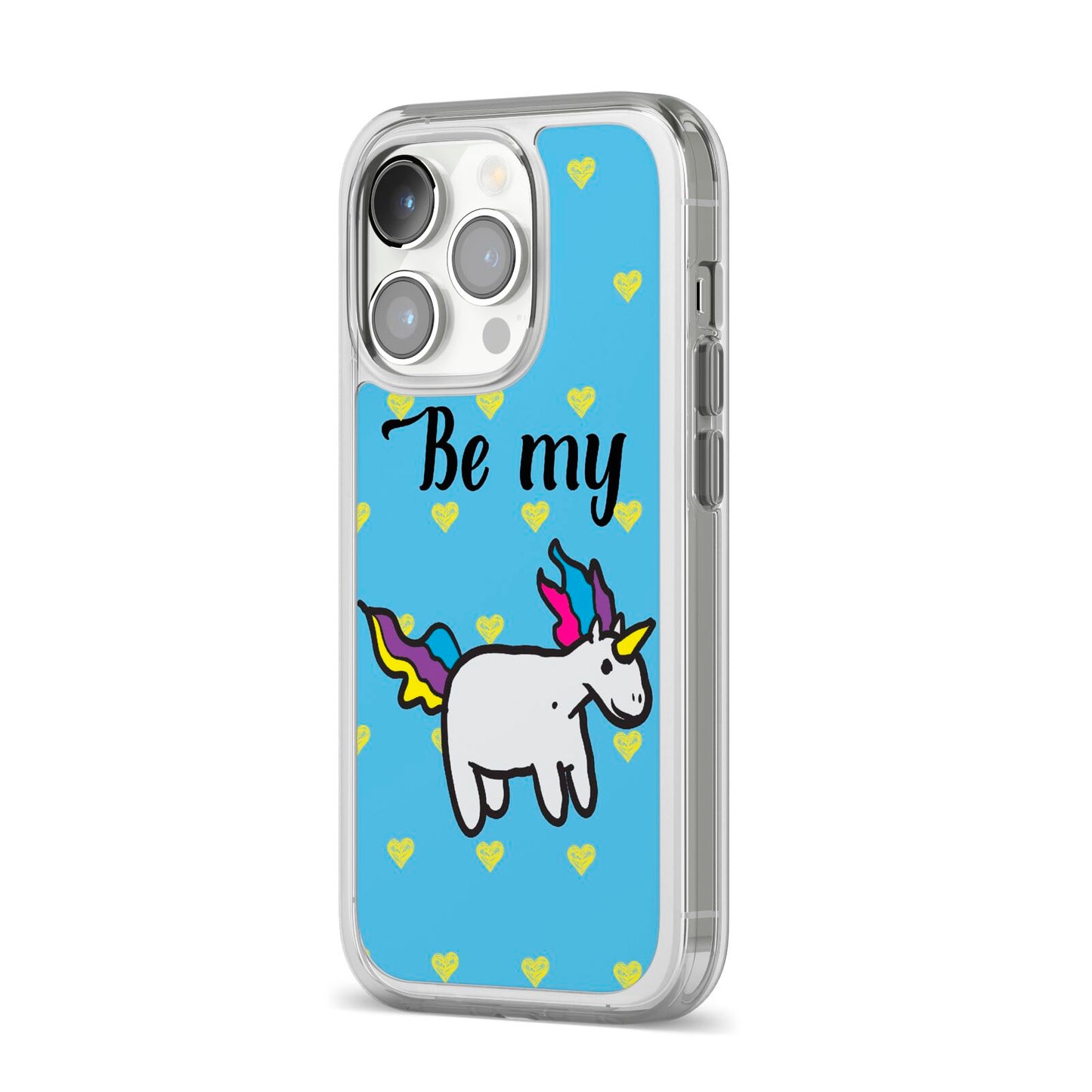 Valentines Be My Unicorn iPhone 14 Pro Clear Tough Case Silver Angled Image