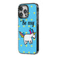 Valentines Be My Unicorn iPhone 14 Pro Max Black Impact Case Side Angle on Silver phone