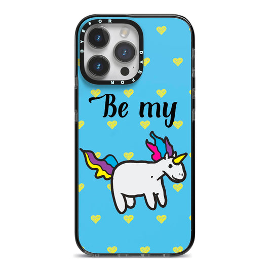 Valentines Be My Unicorn iPhone 14 Pro Max Black Impact Case on Silver phone