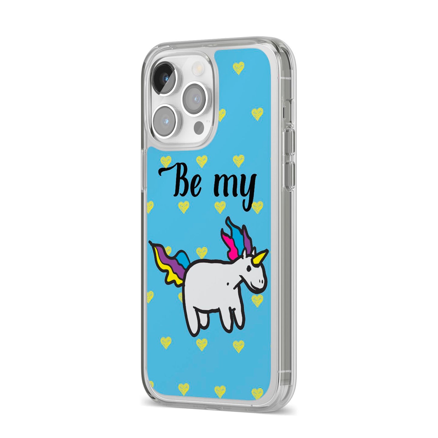 Valentines Be My Unicorn iPhone 14 Pro Max Clear Tough Case Silver Angled Image