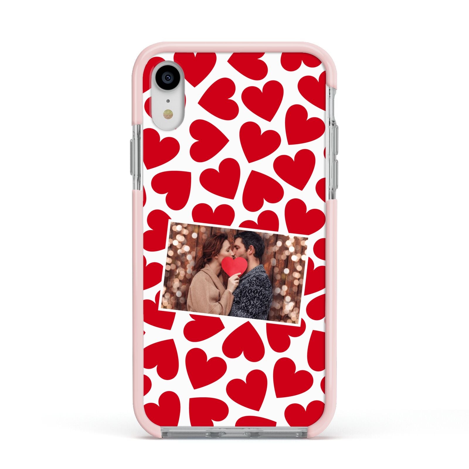Valentines Day Heart Photo Personalised Apple iPhone XR Impact Case Pink Edge on Silver Phone