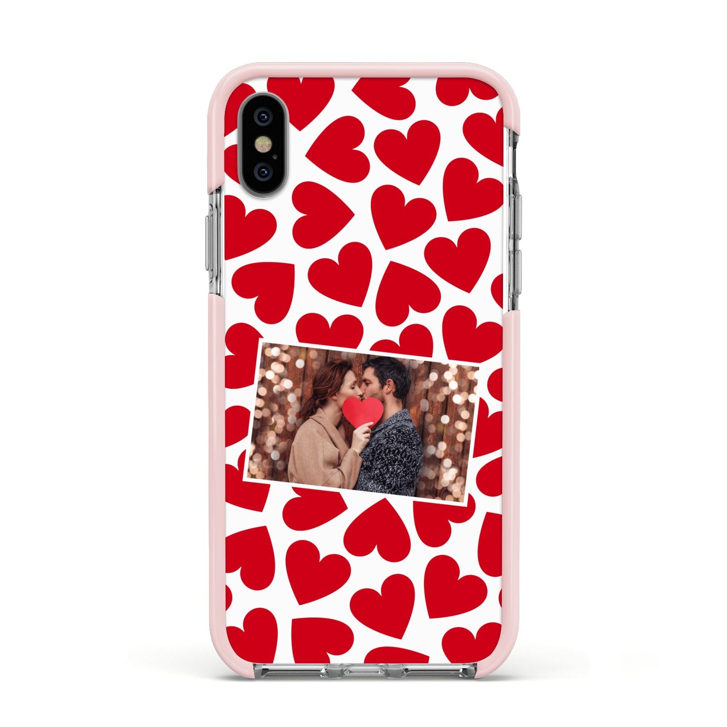 Valentines Day Heart Photo Personalised Apple iPhone Xs Impact Case Pink Edge on Silver Phone