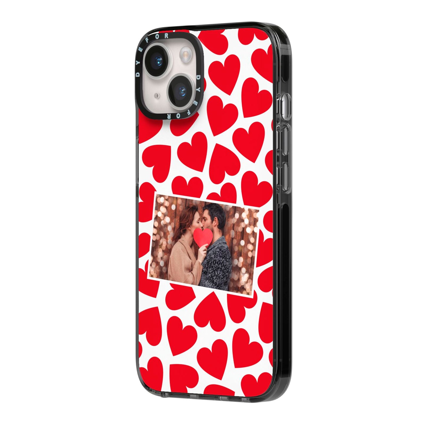 Valentines Day Heart Photo Personalised iPhone 14 Black Impact Case Side Angle on Silver phone