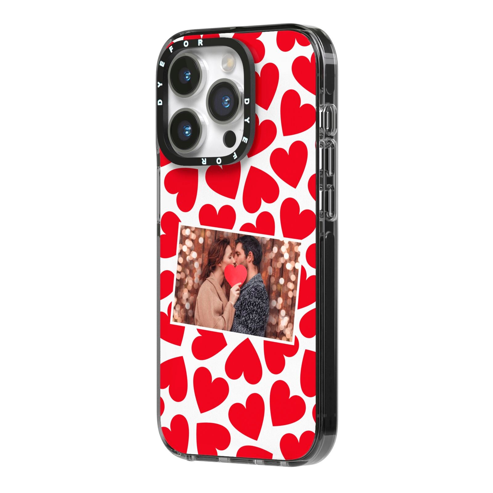 Valentines Day Heart Photo Personalised iPhone 14 Pro Black Impact Case Side Angle on Silver phone