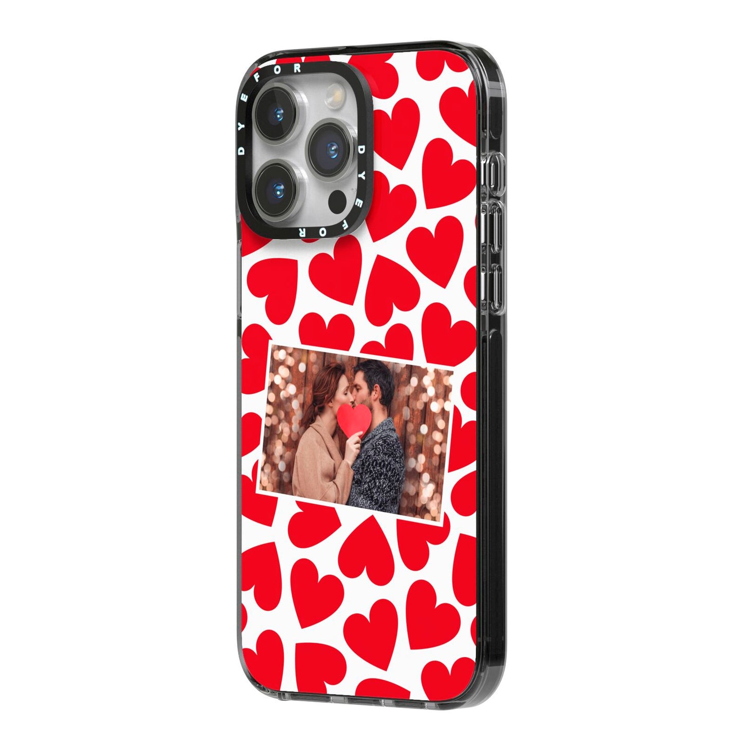 Valentines Day Heart Photo Personalised iPhone 14 Pro Max Black Impact Case Side Angle on Silver phone