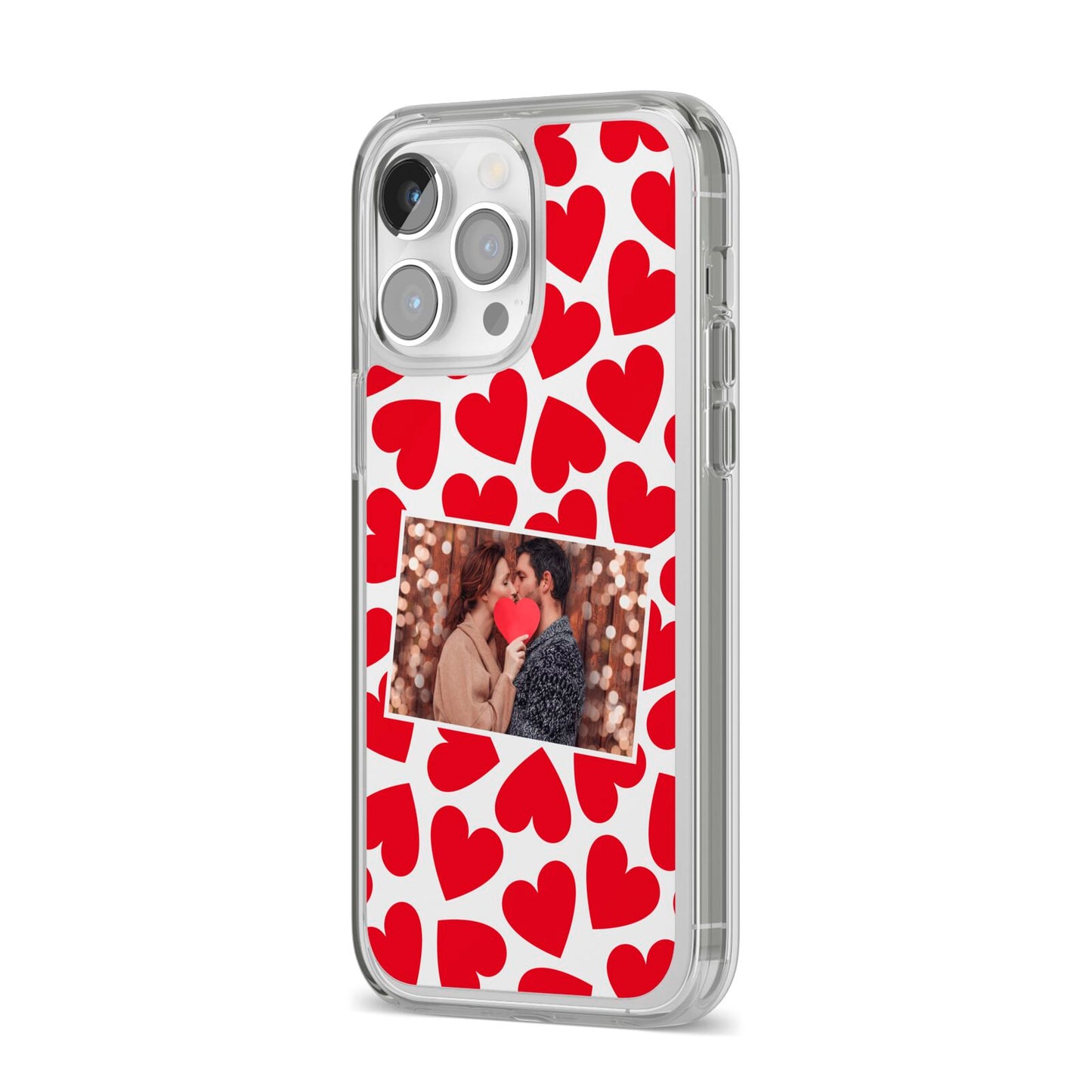 Valentines Day Heart Photo Personalised iPhone 14 Pro Max Clear Tough Case Silver Angled Image