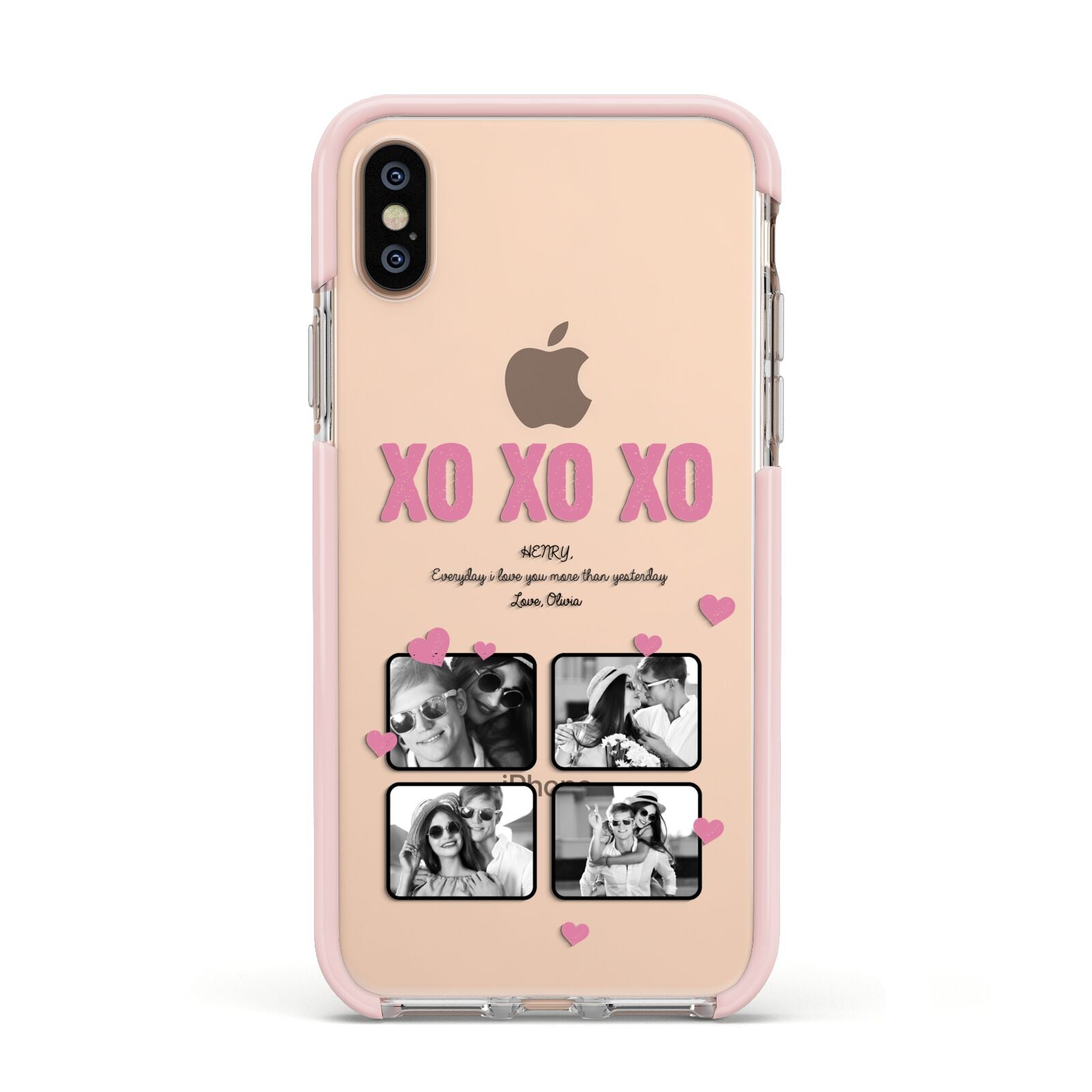 Valentines Day Photo Collage Apple iPhone Xs Impact Case Pink Edge on Gold Phone