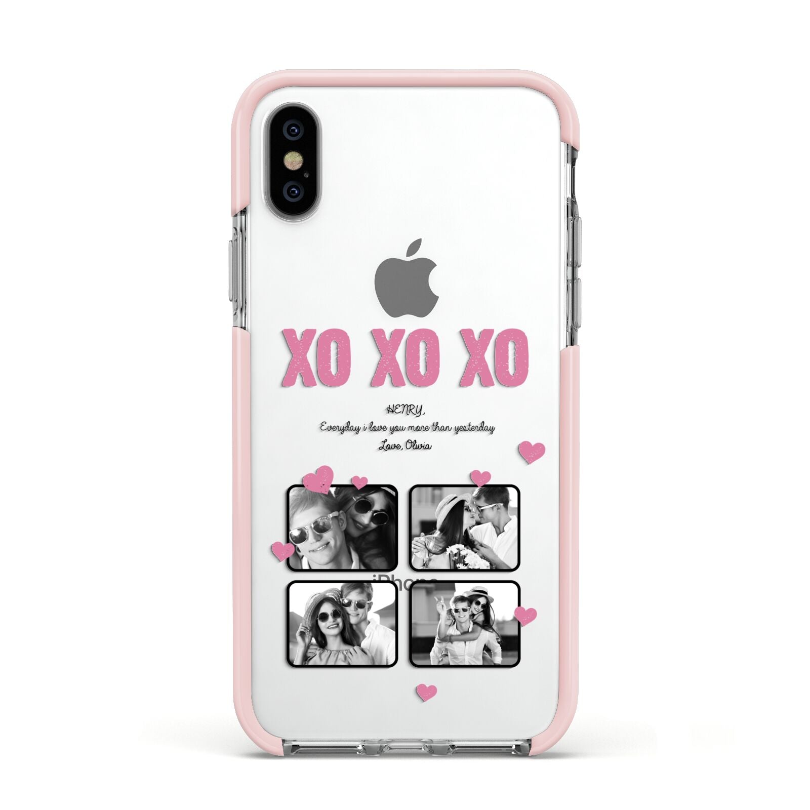 Valentines Day Photo Collage Apple iPhone Xs Impact Case Pink Edge on Silver Phone