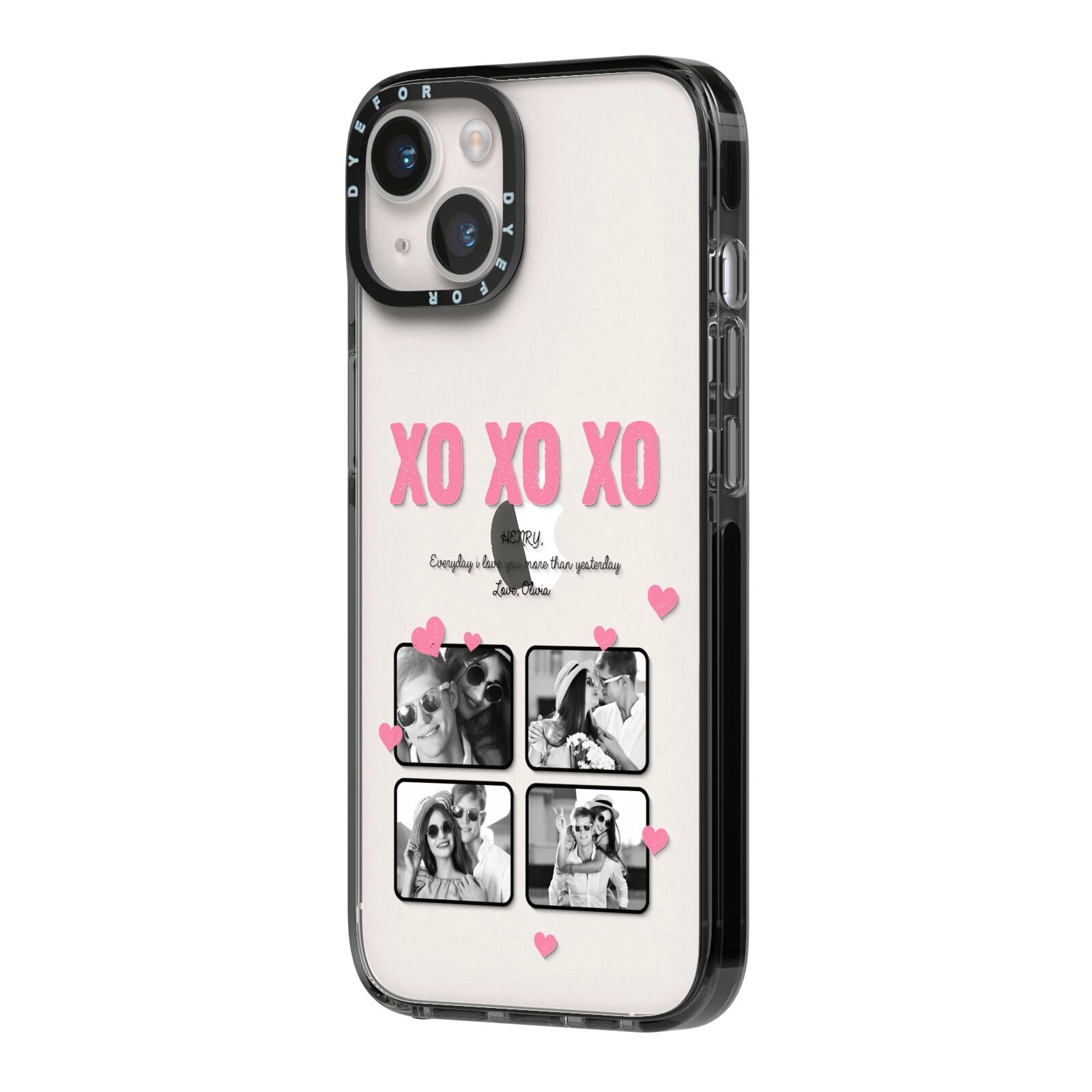 Valentines Day Photo Collage iPhone 14 Black Impact Case Side Angle on Silver phone