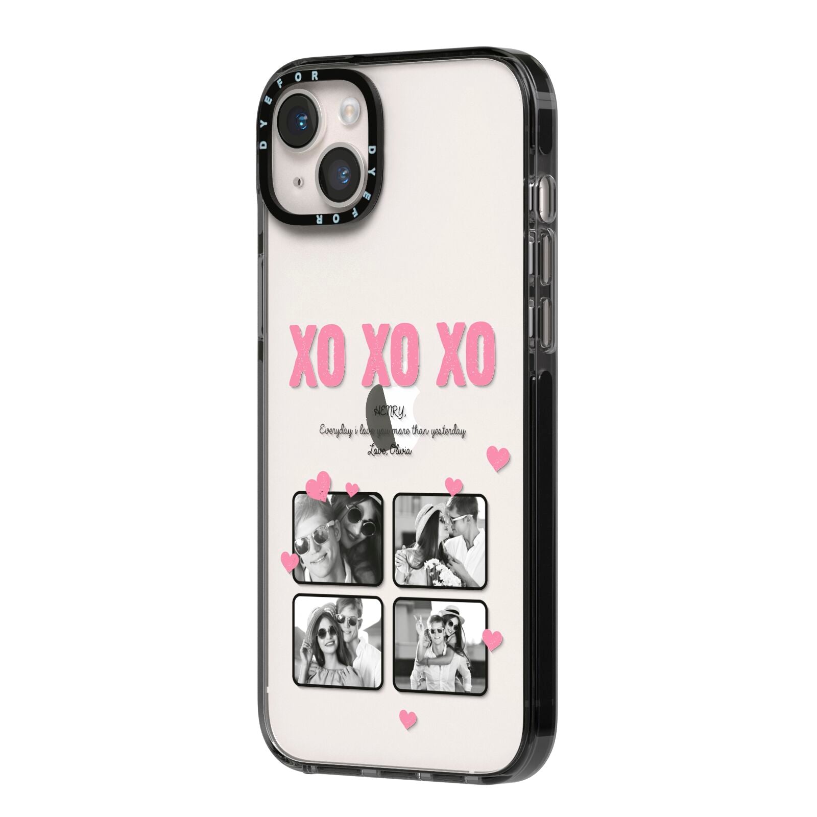 Valentines Day Photo Collage iPhone 14 Plus Black Impact Case Side Angle on Silver phone