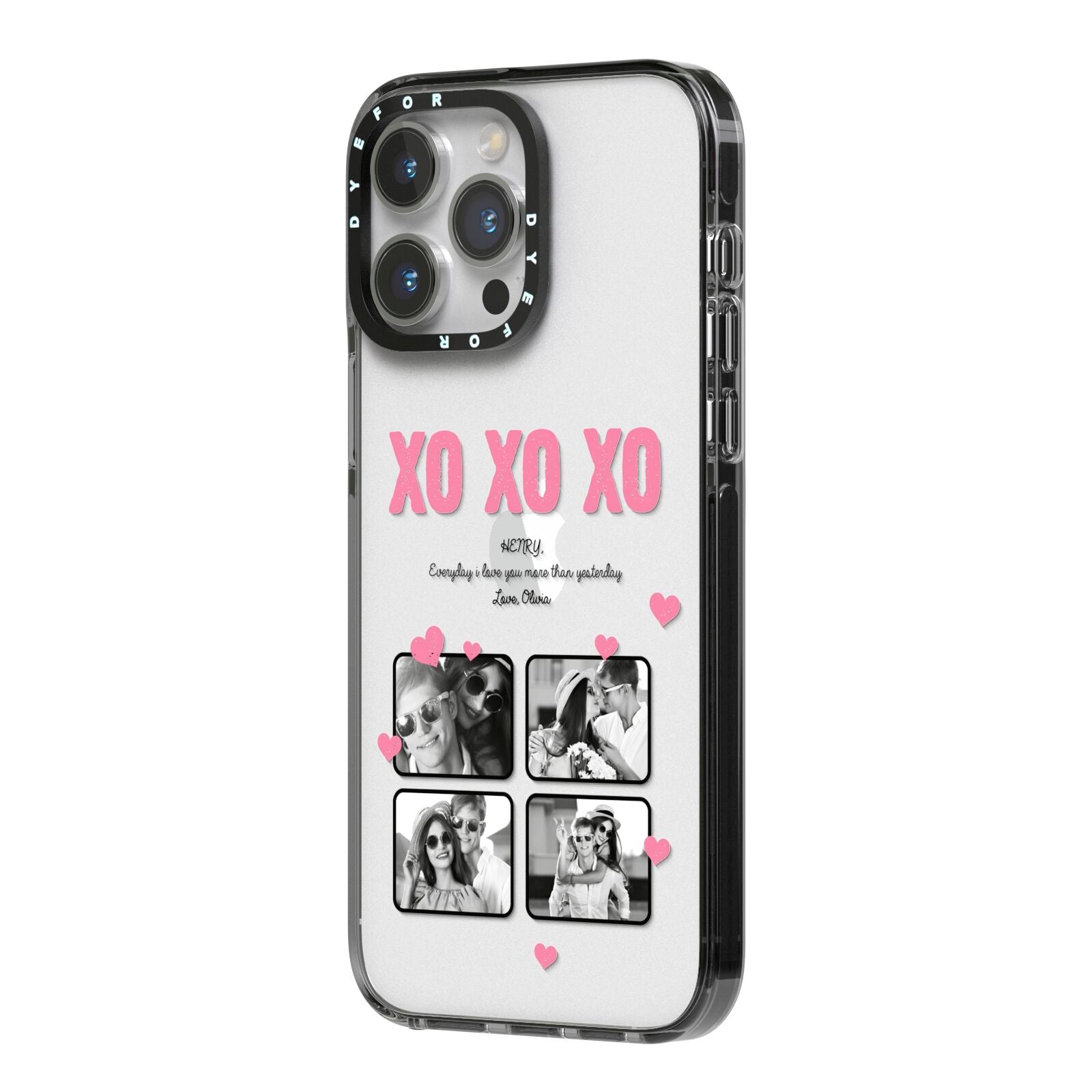 Valentines Day Photo Collage iPhone 14 Pro Max Black Impact Case Side Angle on Silver phone