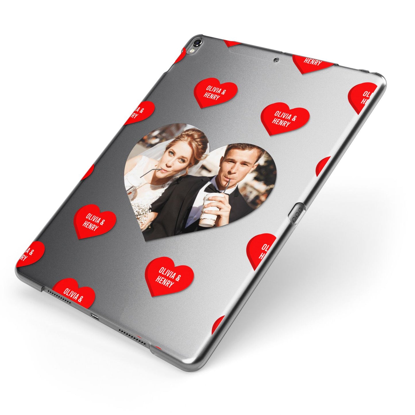 Valentines Day Photo Upload Apple iPad Case on Grey iPad Side View