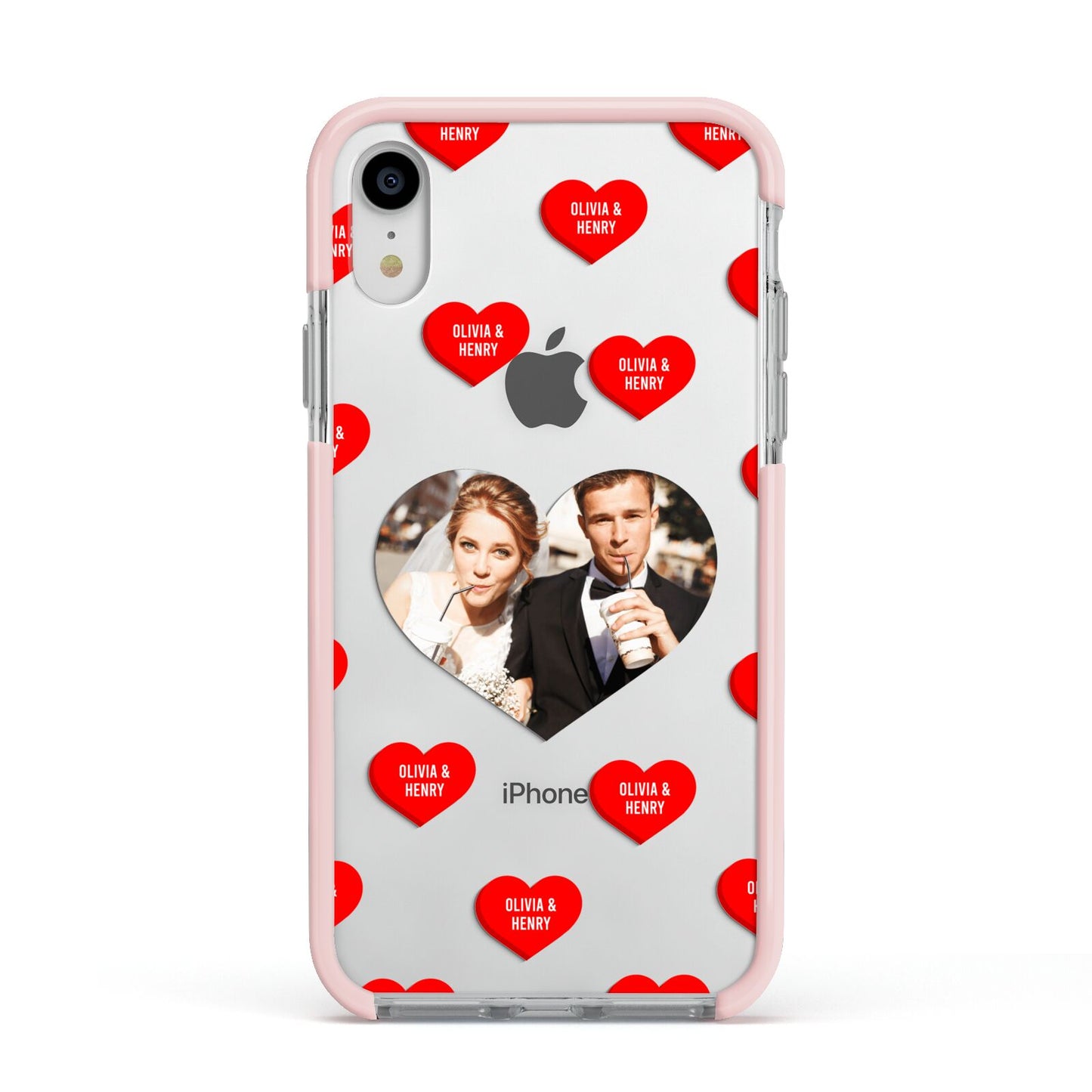Valentines Day Photo Upload Apple iPhone XR Impact Case Pink Edge on Silver Phone