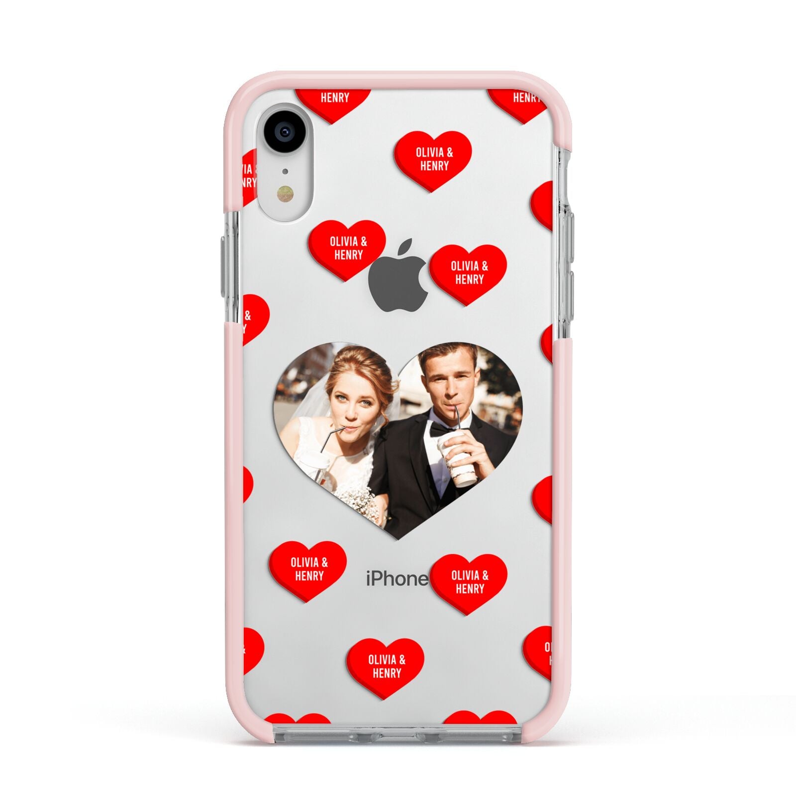 Valentines Day Photo Upload Apple iPhone XR Impact Case Pink Edge on Silver Phone