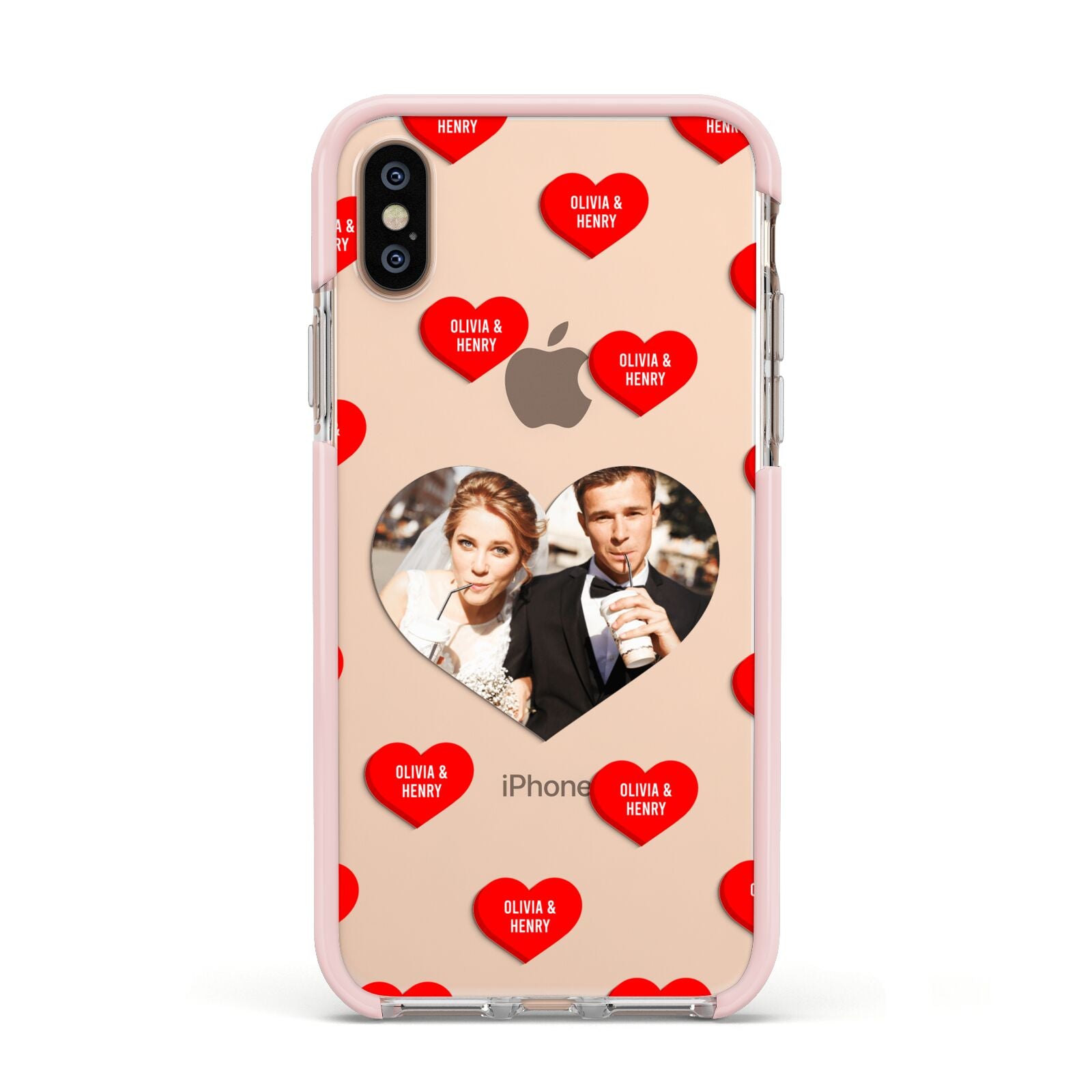 Valentines Day Photo Upload Apple iPhone Xs Impact Case Pink Edge on Gold Phone