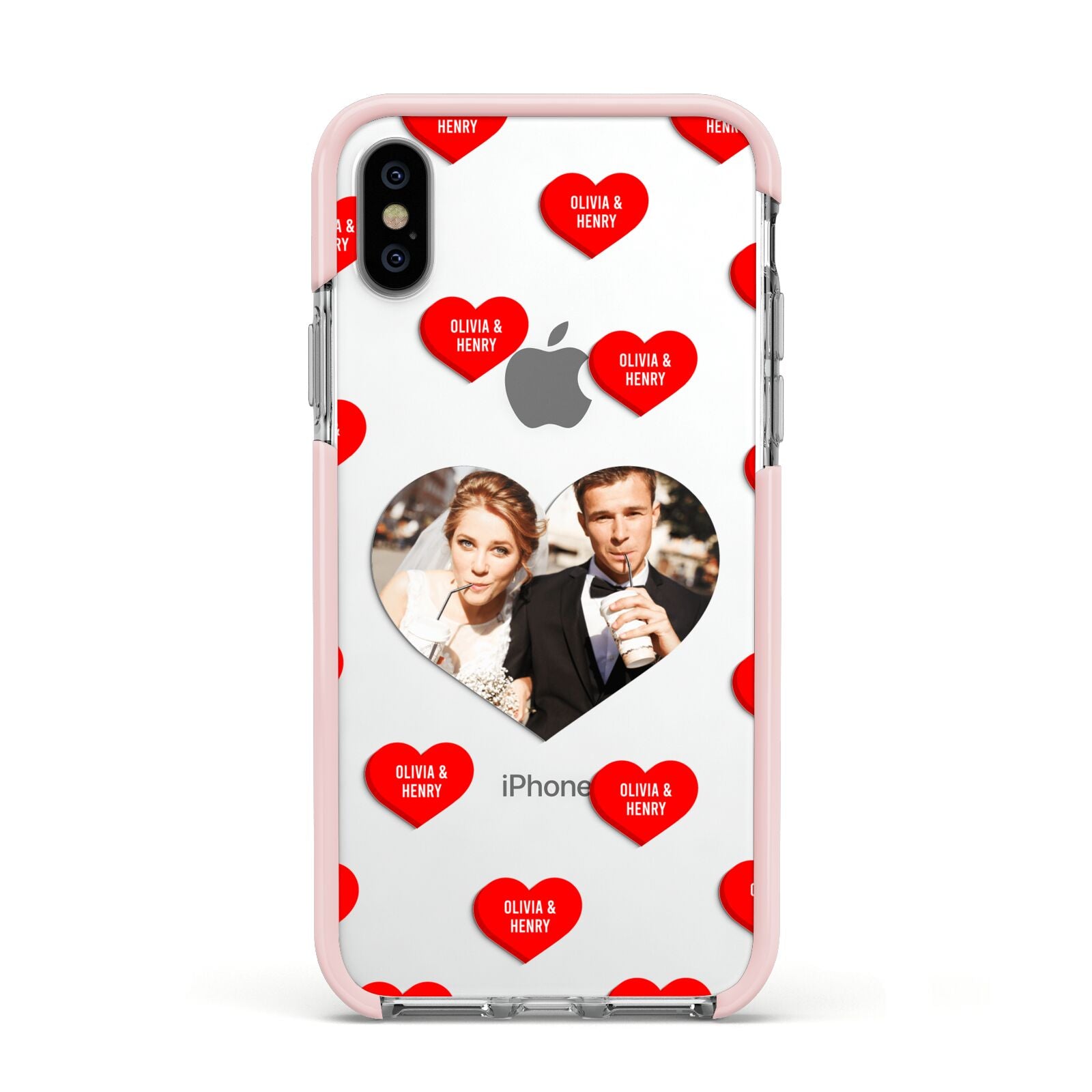 Valentines Day Photo Upload Apple iPhone Xs Impact Case Pink Edge on Silver Phone